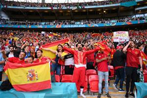 Spain fans cheer before the start of the UEFA EURO 2020 semi-final football match between Italy and Spain at Wembley Stadium in London on July 6, 2021. (Getty Images)