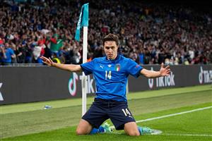 TOPSHOT - Italy's midfielder Federico Chiesa celebrates his opening goal during the UEFA EURO 2020 semi-final football match between Italy and Spain at Wembley Stadium in London on July 6, 2021. (Getty Images)