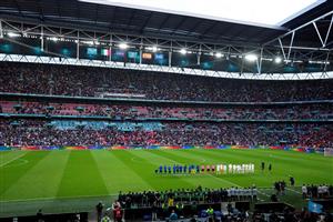 The teams line up before the UEFA EURO 2020 semi-final football match between Italy and Spain at Wembley Stadium in London on July 6, 2021. (Getty Images)