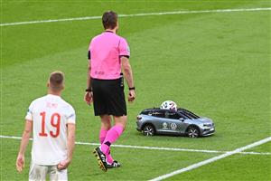 The match ball is delivered by a remote control car before the UEFA EURO 2020 semi-final football match between Italy and Spain at Wembley Stadium in London on July 6, 2021. (Getty Images)