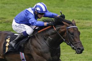 NEWMARKET, ENGLAND - JULY 08: Jim Crowley riding Baaeed win The Edmondson Hall Solicitors Sir Henry Cecil Stakes at Newmarket Racecourse on July 08, 2021 in Newmarket, England. Due to the Coronavirus pandemic, only owners along with a limited number of the paying public will be allowed to attend the meeting. (Photo by Alan Crowhurst/Getty Images)