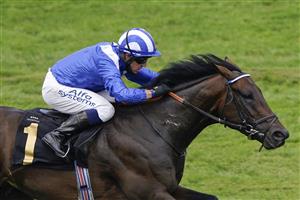 NEWMARKET, ENGLAND - JULY 08: Jim Crowley riding Baaeed win The Edmondson Hall Solicitors Sir Henry Cecil Stakes at Newmarket Racecourse on July 08, 2021 in Newmarket, England. Due to the Coronavirus pandemic, only owners along with a limited number of the paying public will be allowed to attend the meeting. (Photo by Alan Crowhurst/Getty Images)