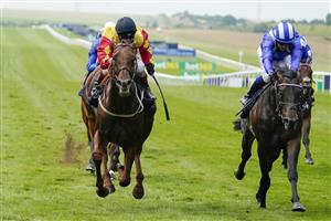 NEWMARKET, ENGLAND - JULY 08: Franny Norton riding Sir Ron Priestley (red/yellow) win The Princess Of Wales's Tattersalls Stakes from Jim Crowley and Al Aasy (white stripped cap) at Newmarket Racecourse on July 08, 2021 in Newmarket, England. Due to the Coronavirus pandemic, only owners along with a limited number of the paying public will be allowed to attend the meeting. (Photo by Alan Crowhurst/Getty Images)