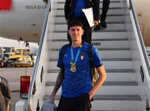 ROME, ITALY - JULY 12: Alessandro Bastoni walks of the plane after travelling back to Rome following the Euro 2020 victory on July 12, 2021 in Rome, Italy. (Getty Images)