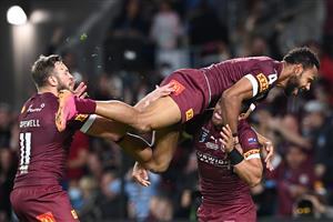 GOLD COAST, AUSTRALIA - JULY 14: Hamiso Tabuai-Fidow of the Maroons celebrates after scoring a try during game three of the 2021 State of Origin Series between the New South Wales Blues and the Queensland Maroons at Cbus Super Stadium on July 14, 2021 in Gold Coast, Australia. (Photo by Bradley Kanaris/Getty Images)
