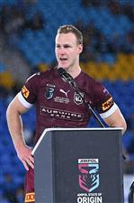 GOLD COAST, AUSTRALIA - JULY 14: Daly Cherry-Evans of the Maroons talks during the trophy presentation after game three of the 2021 State of Origin Series between the New South Wales Blues and the Queensland Maroons at Cbus Super Stadium on July 14, 2021 in Gold Coast, Australia. (Photo by Bradley Kanaris/Getty Images)