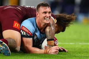 GOLD COAST, AUSTRALIA - JULY 14: Jack Wighton of the Blues scores a try during game three of the 2021 State of Origin Series between the New South Wales Blues and the Queensland Maroons at Cbus Super Stadium on July 14, 2021 in Gold Coast, Australia. (Photo by Chris Hyde/Getty Images)