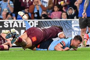 GOLD COAST, AUSTRALIA - JULY 14: Jack Wighton of the Blues scores a try during game three of the 2021 State of Origin Series between the New South Wales Blues and the Queensland Maroons at Cbus Super Stadium on July 14, 2021 in Gold Coast, Australia. (Photo by Bradley Kanaris/Getty Images)