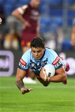 GOLD COAST, AUSTRALIA - JULY 14: Latrell Mitchell of the Blues scores a try during game three of the 2021 State of Origin Series between the New South Wales Blues and the Queensland Maroons at Cbus Super Stadium on July 14, 2021 in Gold Coast, Australia. (Photo by Chris Hyde/Getty Images)