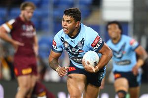 GOLD COAST, AUSTRALIA - JULY 14: Latrell Mitchell of the Blues scores a try during game three of the 2021 State of Origin Series between the New South Wales Blues and the Queensland Maroons at Cbus Super Stadium on July 14, 2021 in Gold Coast, Australia. (Photo by Chris Hyde/Getty Images)
