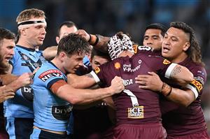 GOLD COAST, AUSTRALIA - JULY 14: Players scuffle after a Blues error by Angus Crichton during game three of the 2021 State of Origin Series between the New South Wales Blues and the Queensland Maroons at Cbus Super Stadium on July 14, 2021 in Gold Coast, Australia. (Photo by Bradley Kanaris/Getty Images)