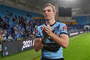 GOLD COAST, AUSTRALIA - JULY 14: Tom Trbojevic of the Blues thanks the crowd after winning the series 2-1 after game three of the 2021 State of Origin Series between the New South Wales Blues and the Queensland Maroons at Cbus Super Stadium on July 14, 2021 in Gold Coast, Australia. (Photo by Bradley Kanaris/Getty Images)