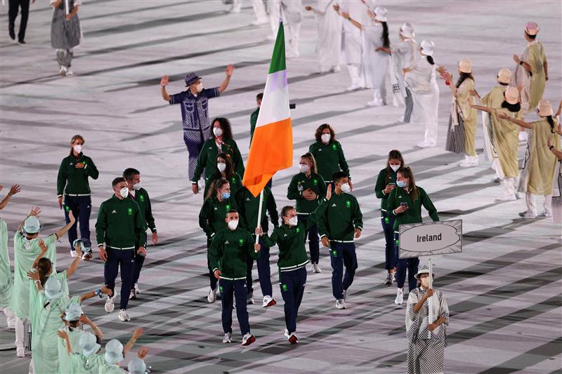 TOKYO, JAPAN - JULY 23: Flag bearers Kellie Anne Harrington and Brendan Irvine of Team Ireland lead their team out during the Opening Ceremony of the Tokyo 2020 Olympic Games at Olympic Stadium on July 23, 2021 in Tokyo, Japan. (Getty Images)