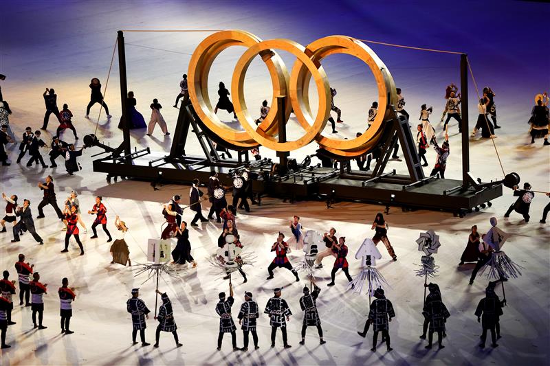 TOKYO, JAPAN - JULY 23: Olympic rings are formed during the Opening Ceremony of the Tokyo 2020 Olympic Games at Olympic Stadium on July 23, 2021 in Tokyo, Japan. (Getty Images)