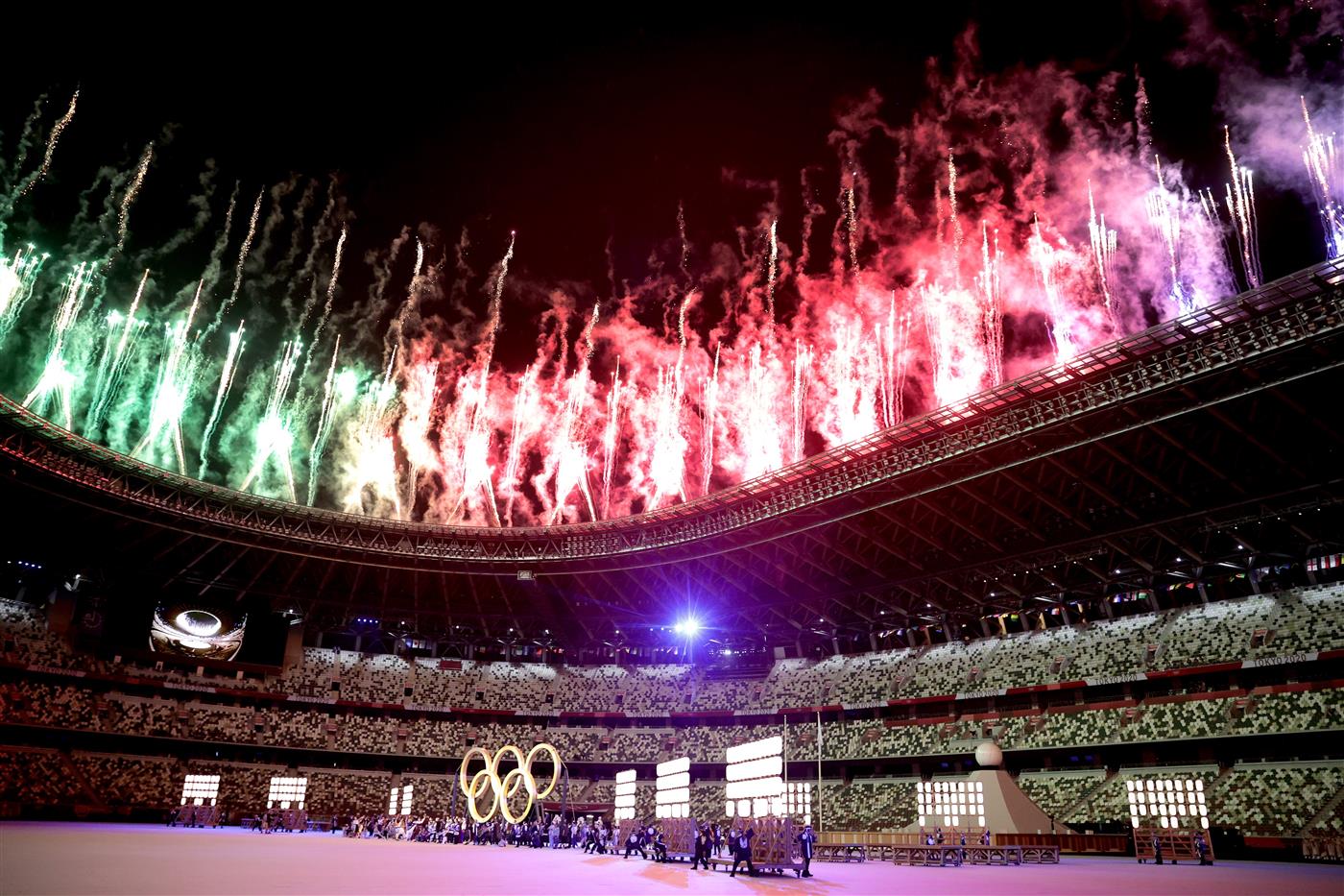 TOKYO, JAPAN - JULY 23: A general view inside the stadium as fireworks go off and performers dance during the Opening Ceremony of the Tokyo 2020 Olympic Games at Olympic Stadium on July 23, 2021 in Tokyo, Japan. (Getty Images)
