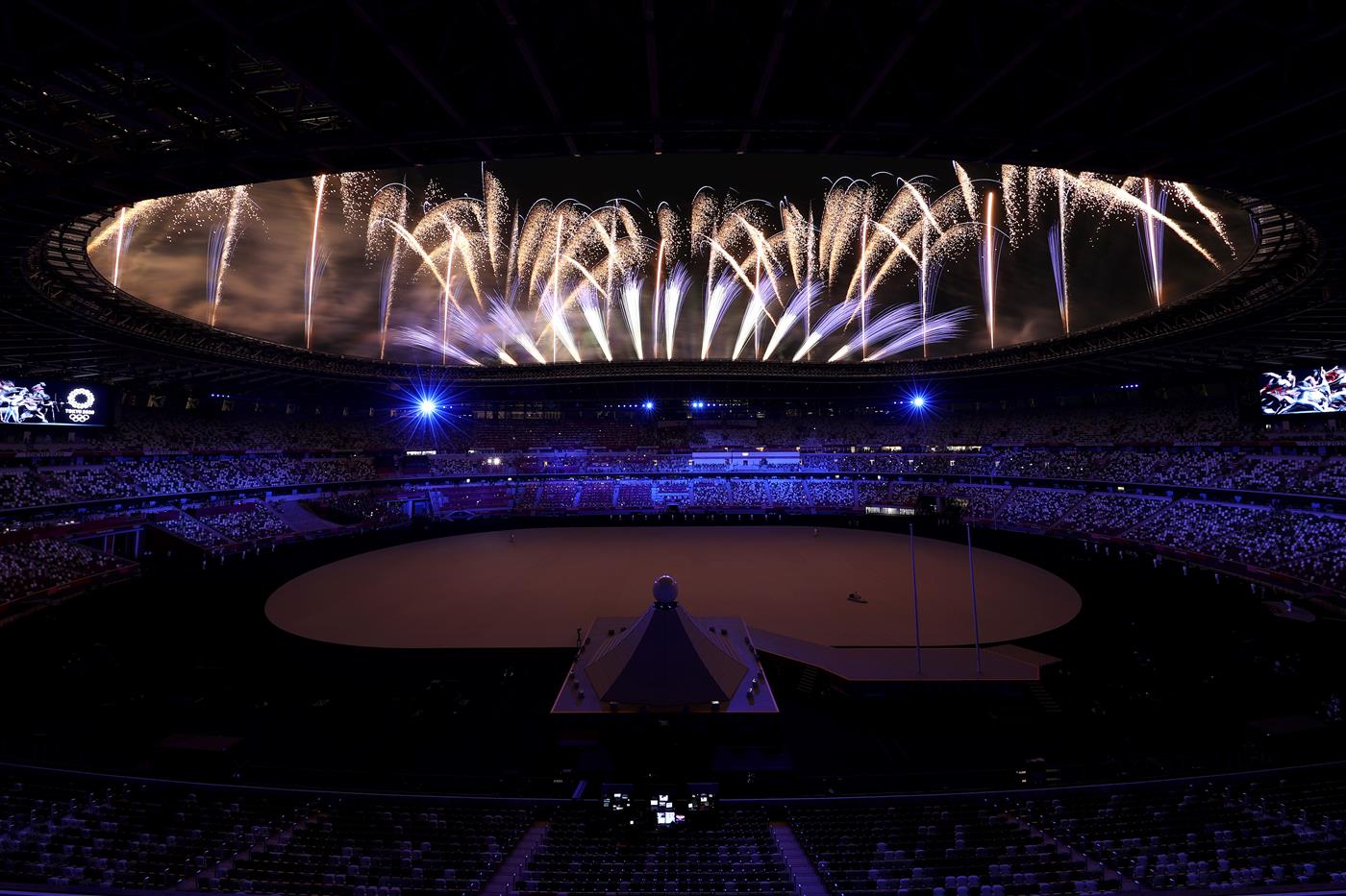 TOKYO, JAPAN - JULY 23: General view inside the stadium as fireworks are seen during the Opening Ceremony of the Tokyo 2020 Olympic Games at Olympic Stadium on July 23, 2021 in Tokyo, Japan. (Getty Images)