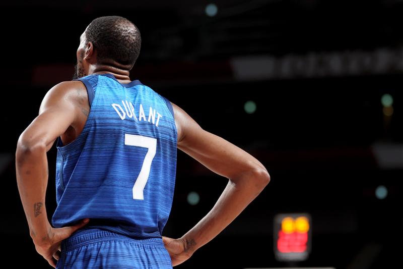 SAITAMA, JAPAN - JULY 25: Kevin Durant #7 of Team United States looks on against Team France during the first half of the Men's Preliminary Round Group B game on day two of the Tokyo 2020 Olympic Games at Saitama Super Arena on July 25, 2021 in Saitama, Japan. (Getty Images)