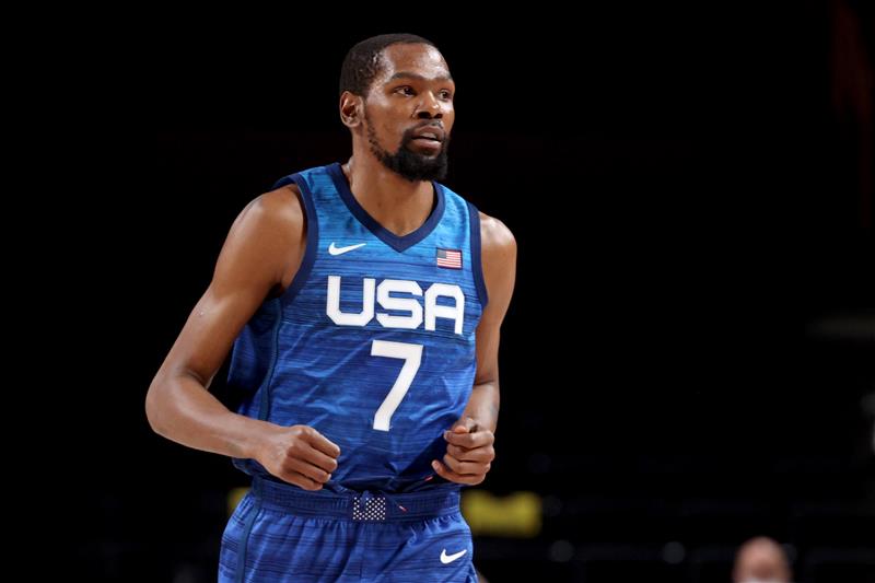 SAITAMA, JAPAN - JULY 25: Kevin Durant #7 of Team United States runs up the court during the first half of the games against France in Men's Preliminary Round Group B action on day two of the Tokyo 2020 Olympic Games at Saitama Super Arena on July 25, 2021 in Saitama, Japan.  (Getty Images)