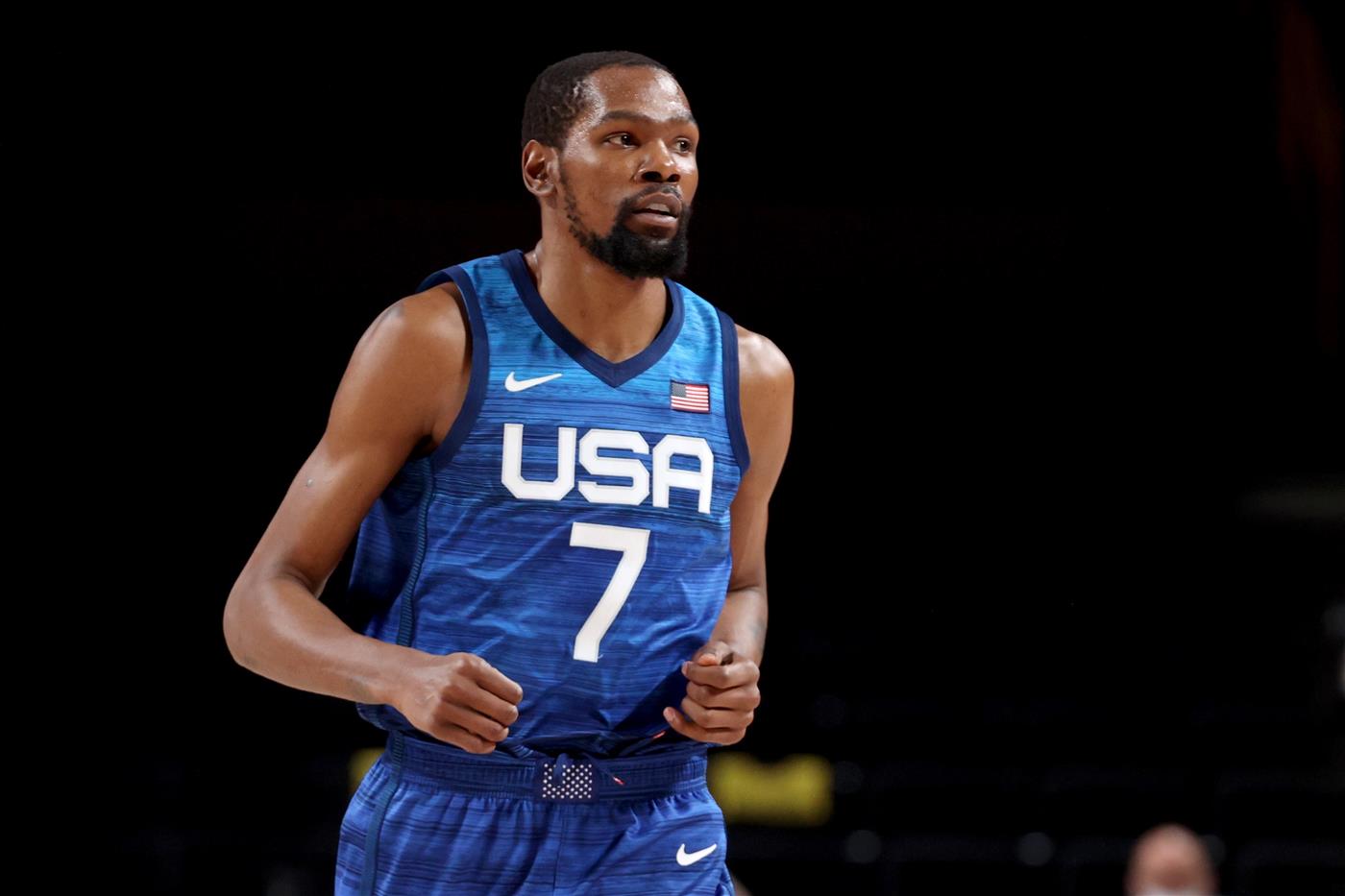 SAITAMA, JAPAN - JULY 25: Kevin Durant #7 of Team United States runs up the court during the first half of the games against France in Men's Preliminary Round Group B action on day two of the Tokyo 2020 Olympic Games at Saitama Super Arena on July 25, 2021 in Saitama, Japan.  (Getty Images)