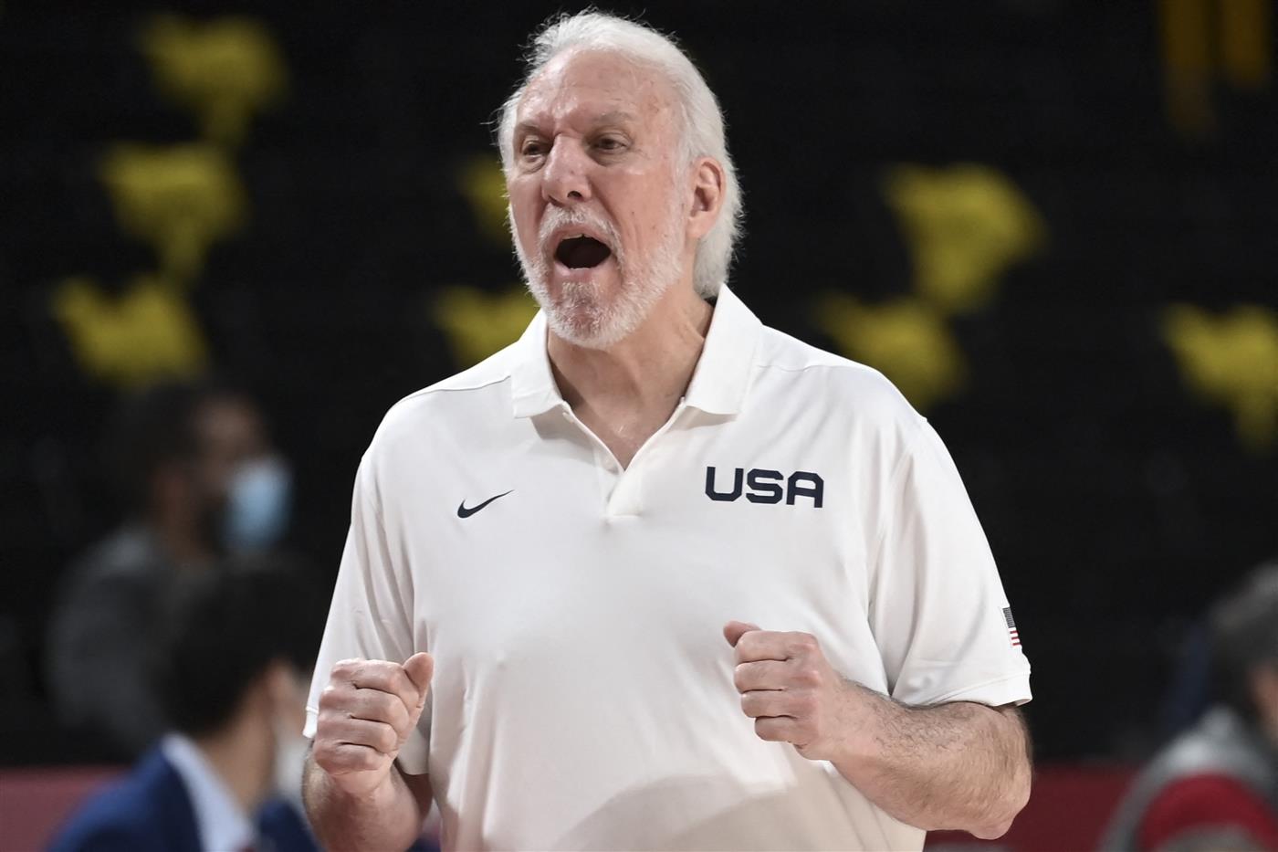 USA's coah Gregg Popovich shouts from the sideline during the men's preliminary round group A basketball match between France and USA during the Tokyo 2020 Olympic Games at the Saitama Super Arena in Saitama on July 25, 2021. (Getty Images)