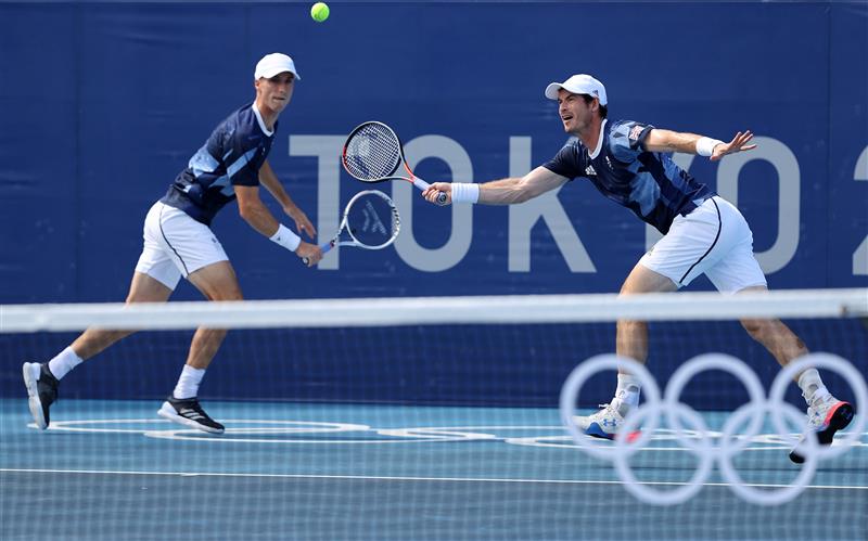 TOKYO, JAPAN - JULY 27: Andy Murray of Team Great Britain and Joe Salisbury of Team Great Britain play against Tim Putz of Team Germany and Kevin Krawietz of Team Germany in second round of the men's doubles tennis tournament at the Olympic Games. (Getty Images)