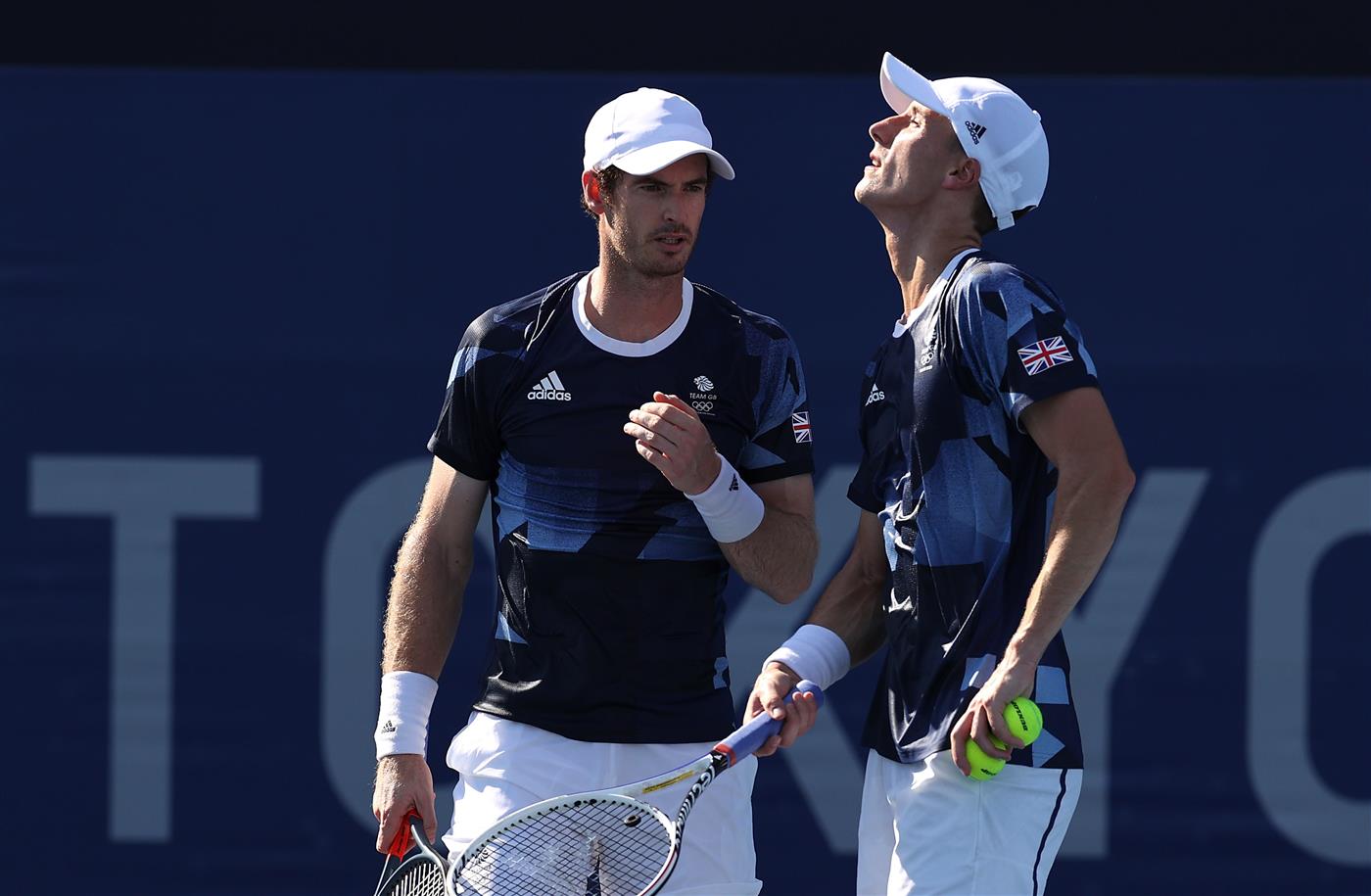 TOKYO, JAPAN - JULY 27: Andy Murray of Team Great Britain and Joe Salisbury of Team Great Britain play against Tim Putz of Team Germany and Kevin Krawietz of Team Germany in second round of the men's doubles tennis tournament at the Olympic Games. (Getty Images)