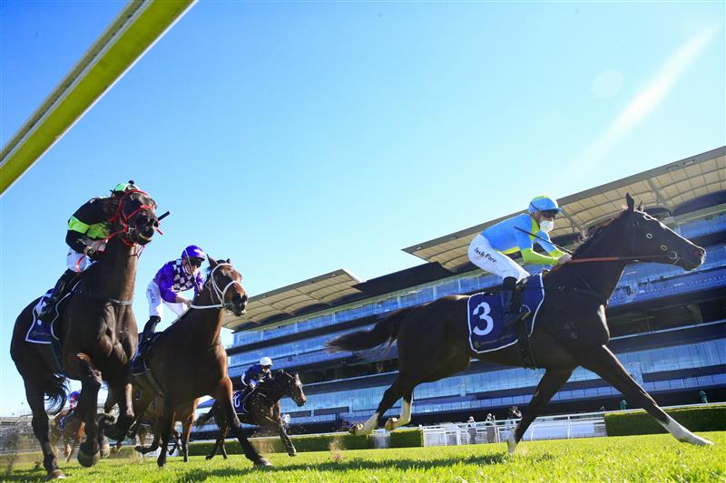 SYDNEY, AUSTRALIA - AUGUST 07: Joshua Parr (R) on Matowatakpe wins race 4 the Billy Camer Handicap during Sydney Racing at Royal Randwick Racecourse on August 07, 2021 in Sydney, Australia. (Photo by Mark Evans/Getty Images)