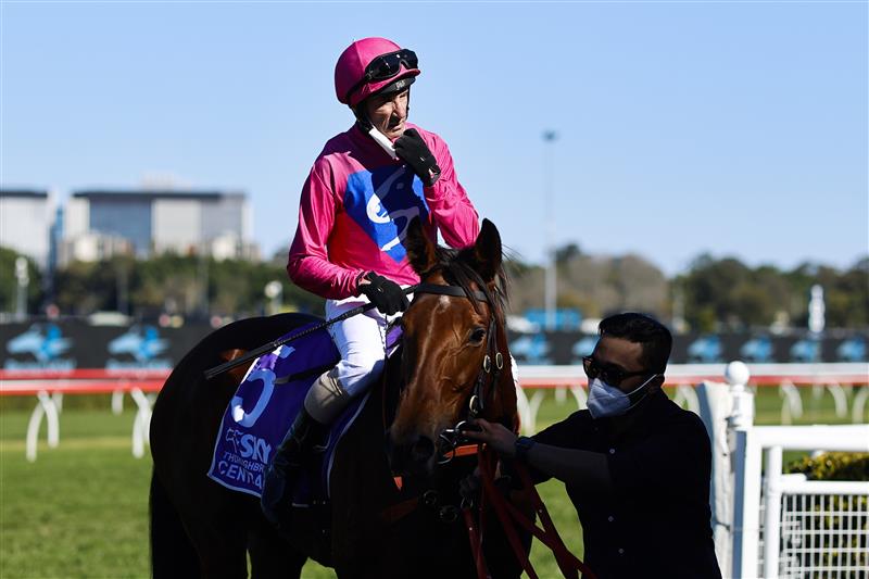 SYDNEY, AUSTRALIA - AUGUST 07: Glen Boss on Gemmhara returns to scale after winning
 race 5 the Midway Handicap during Sydney Racing at Royal Randwick Racecourse on August 07, 2021 in Sydney, Australia. (Photo by Mark Evans/Getty Images)