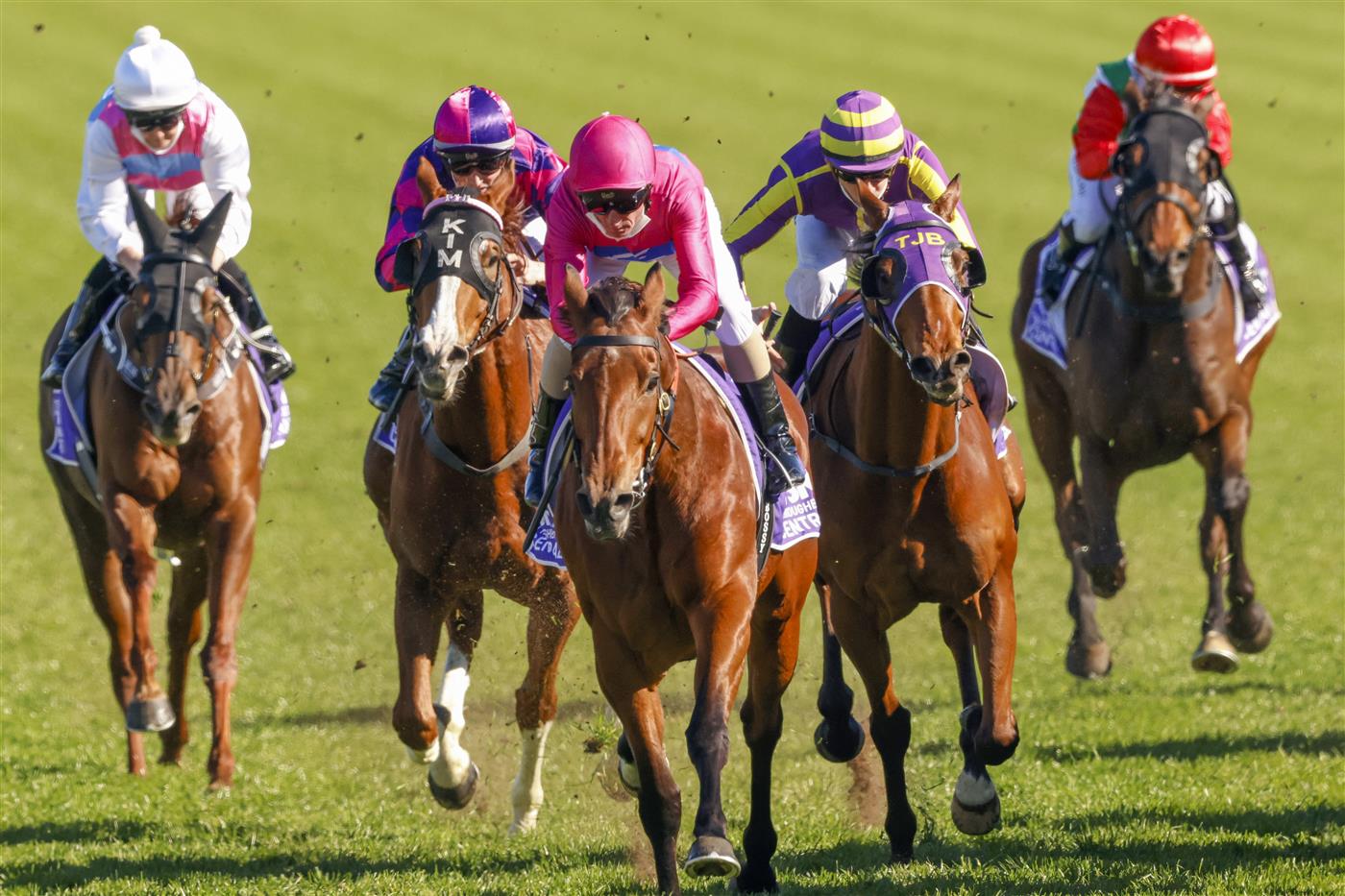 SYDNEY, AUSTRALIA - AUGUST 07: Glen Boss (pink) on Gemmhara wins race 5 the Midway Handicap during Sydney Racing at Royal Randwick Racecourse on August 07, 2021 in Sydney, Australia. (Photo by Mark Evans/Getty Images)