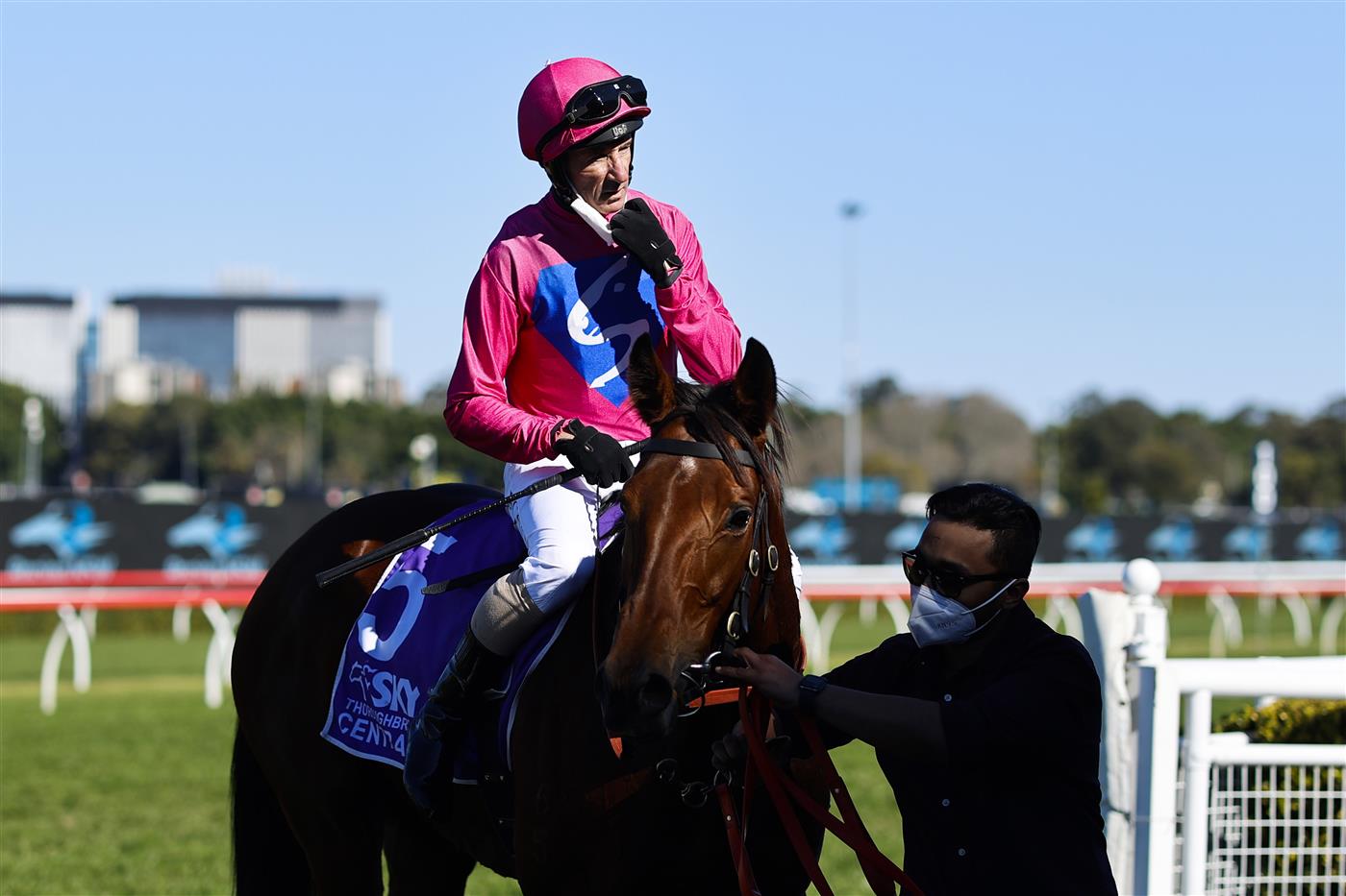 SYDNEY, AUSTRALIA - AUGUST 07: Glen Boss on Gemmhara returns to scale after winning
 race 5 the Midway Handicap during Sydney Racing at Royal Randwick Racecourse on August 07, 2021 in Sydney, Australia. (Photo by Mark Evans/Getty Images)