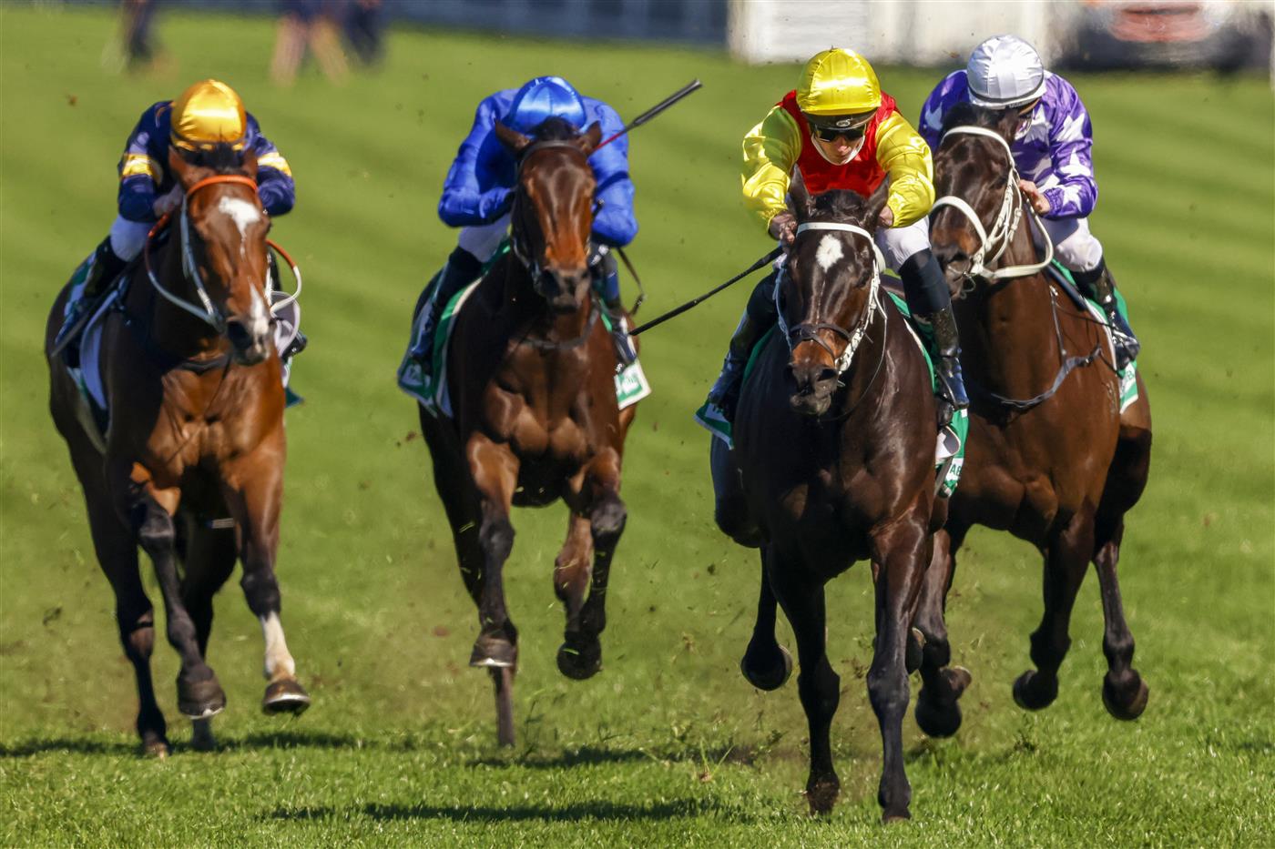 SYDNEY, AUSTRALIA - AUGUST 07: James McDonald (yellow) on Hot Spring Gold wins race 1 the Clubsnsw Western Metropolitan Handicap during Sydney Racing at Royal Randwick Racecourse on August 07, 2021 in Sydney, Australia. (Photo by Mark Evans/Getty Images)