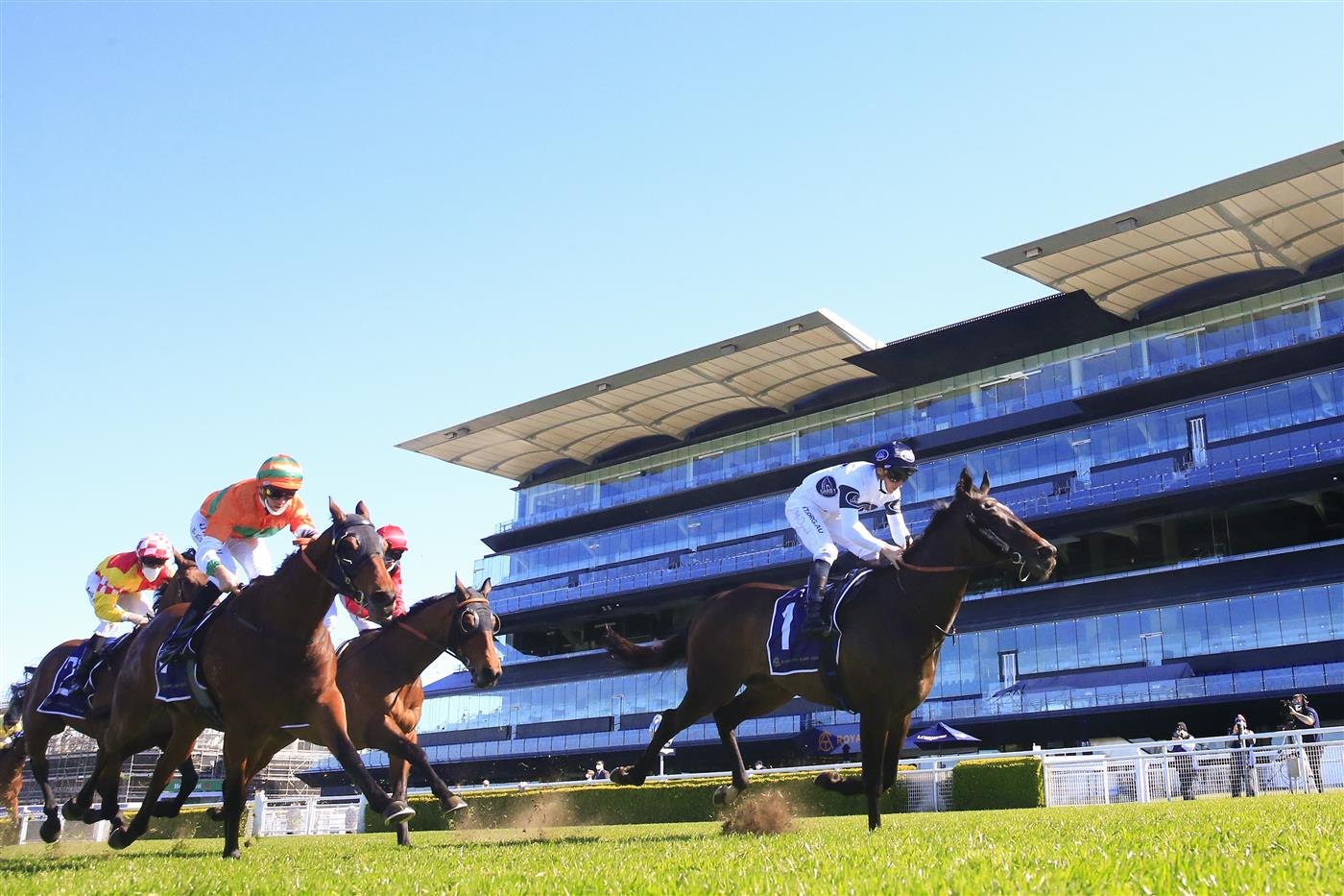 SYDNEY, AUSTRALIA - AUGUST 07: James McDonald on Harpo Marx wins race 2 the Cliff Clare Handicap during Sydney Racing at Royal Randwick Racecourse on August 07, 2021 in Sydney, Australia. (Photo by Mark Evans/Getty Images)