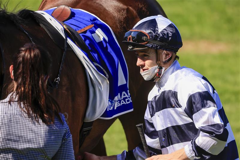 KEMBLA GRANGE, AUSTRALIA - SEPTEMBER 11: Jason Collett on Dalaalaat returns to scale after winning
 race 4 the Midway Handicap Sydney Racing at Kembla Grange Racecourse on September 11, 2021 in Kembla Grange, Australia. (Photo by Mark Evans/Getty Images)
