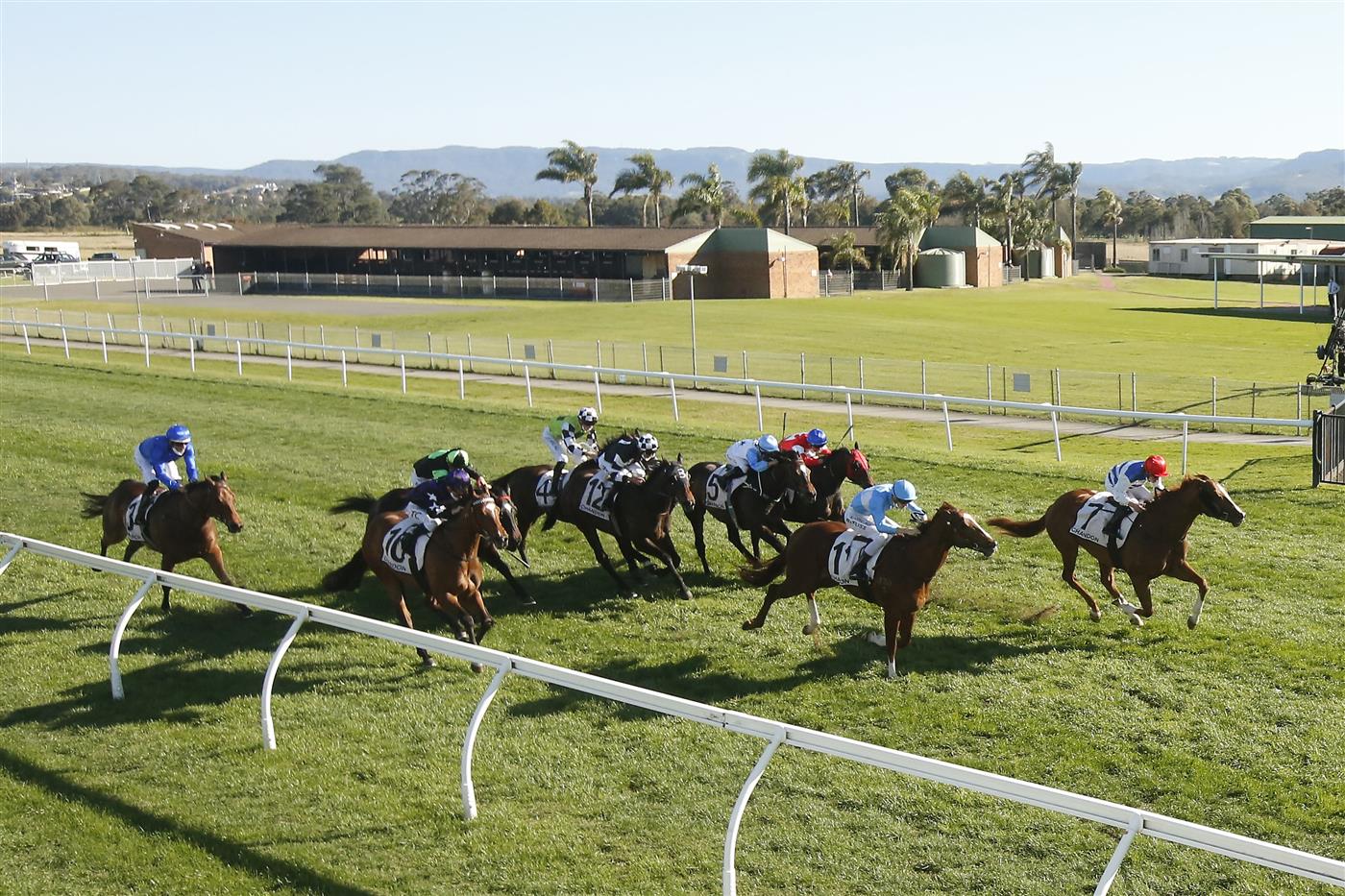 KEMBLA GRANGE, AUSTRALIA - SEPTEMBER 11: Brock Ryan (red cap) on Chat wins race 7 The Chandon Theo Marks Stakes during Sydney Racing at Kembla Grange Racecourse on September 11, 2021 in Kembla Grange, Australia. (Photo by Mark Evans/Getty Images)