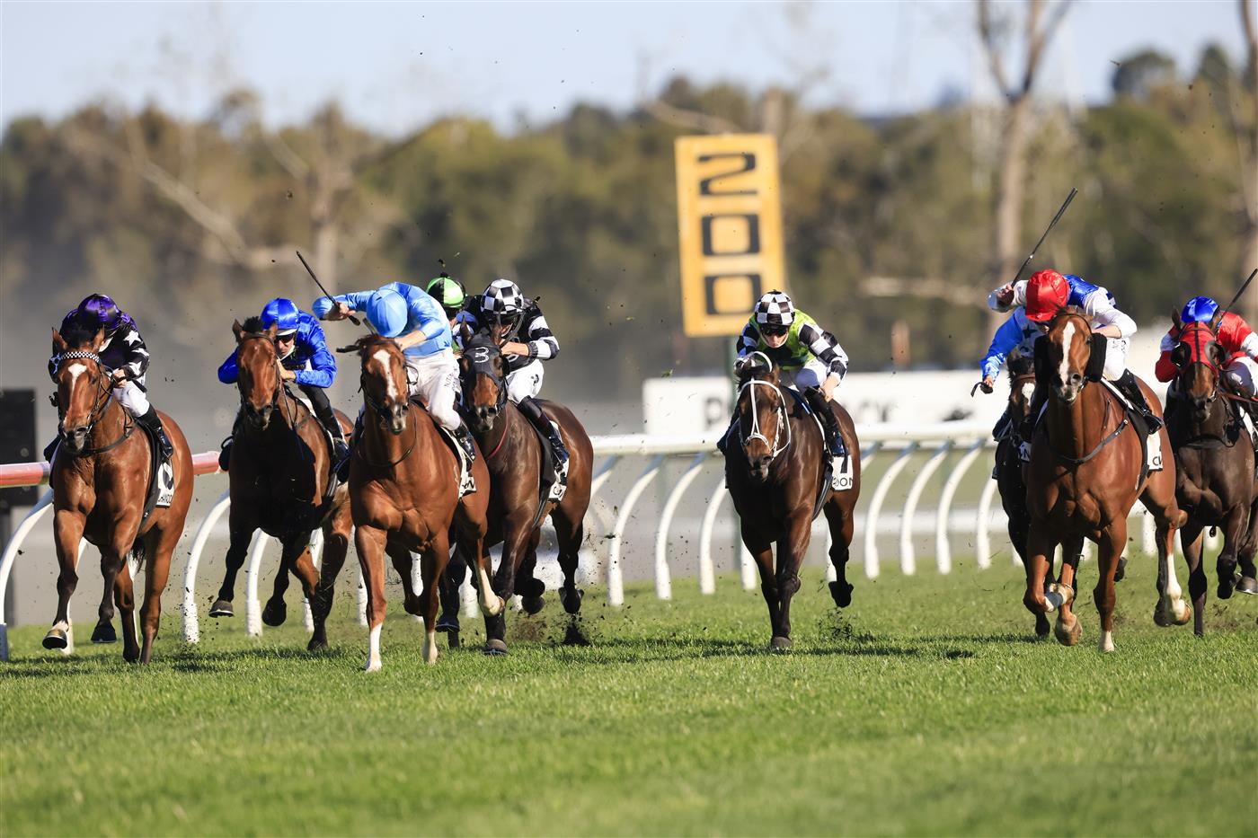 KEMBLA GRANGE, AUSTRALIA - SEPTEMBER 11: Brock Ryan (red cap) on Chat wins race 7 The Chandon Theo Marks Stakes during Sydney Racing at Kembla Grange Racecourse on September 11, 2021 in Kembla Grange, Australia. (Photo by Mark Evans/Getty Images)