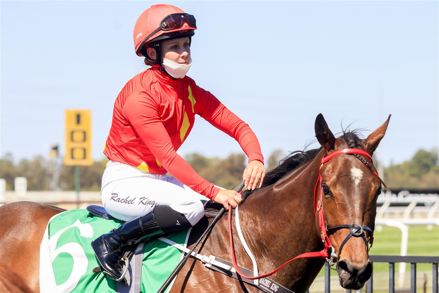 KEMBLA GRANGE, AUSTRALIA - SEPTEMBER 11: Rachel King on Philipsburg returns to scale after winning
 race 1 the Tab Highway Class 3 Handicap during Sydney Racing at Kembla Grange Racecourse on September 11, 2021 in Kembla Grange, Australia. (Photo by Mark Evans/Getty Images)