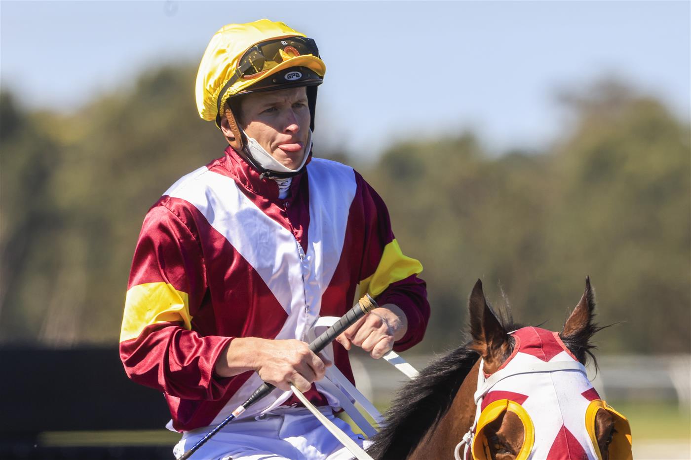 KEMBLA GRANGE, AUSTRALIA - SEPTEMBER 11: James McDonald on Accountability returns to scale after winning
 race 2 the Dyson Handicap during Sydney Racing at Kembla Grange Racecourse on September 11, 2021 in Kembla Grange, Australia. (Photo by Mark Evans/Getty Images)