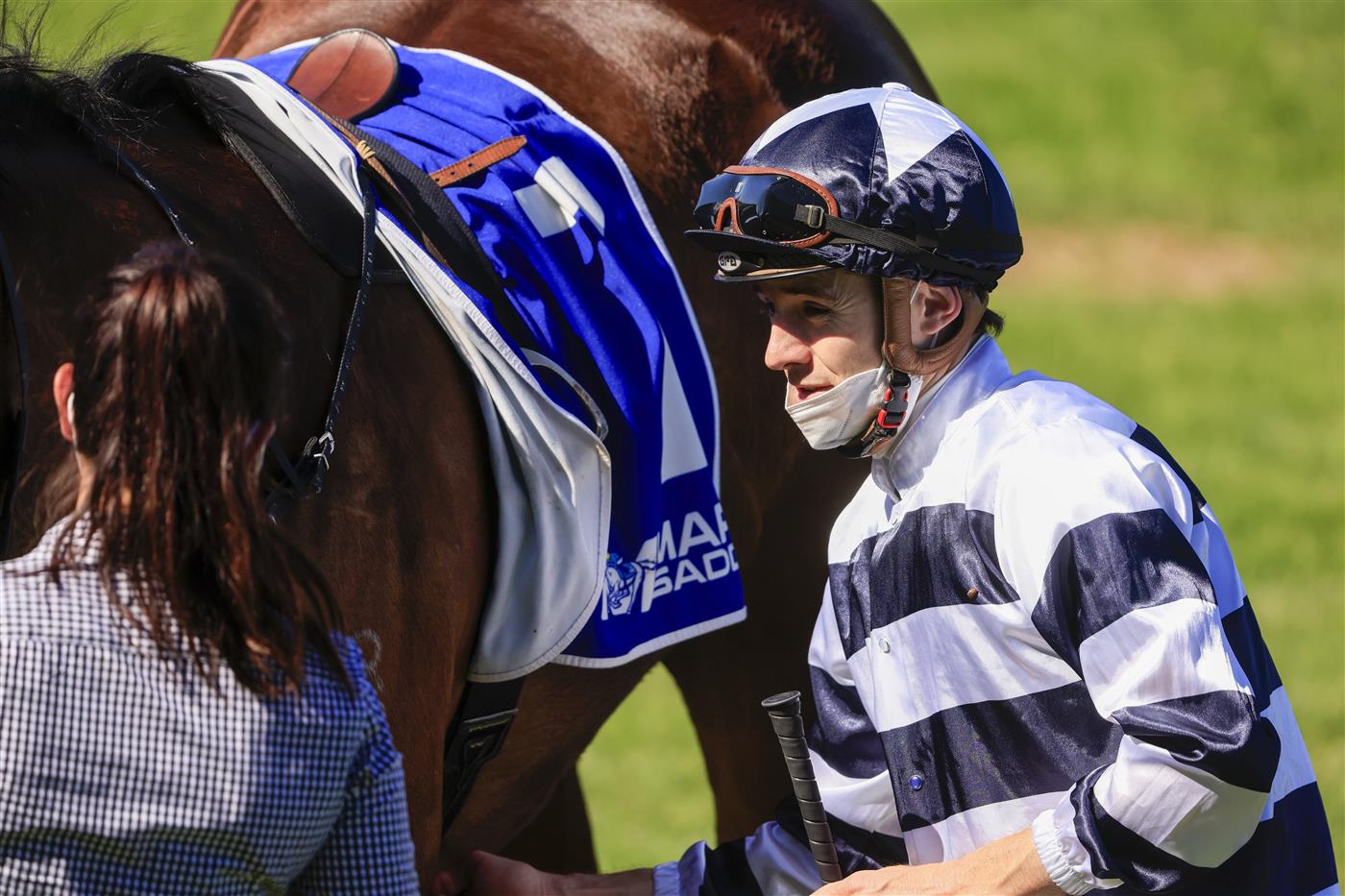 KEMBLA GRANGE, AUSTRALIA - SEPTEMBER 11: Jason Collett on Dalaalaat returns to scale after winning
 race 4 the Midway Handicap Sydney Racing at Kembla Grange Racecourse on September 11, 2021 in Kembla Grange, Australia. (Photo by Mark Evans/Getty Images)