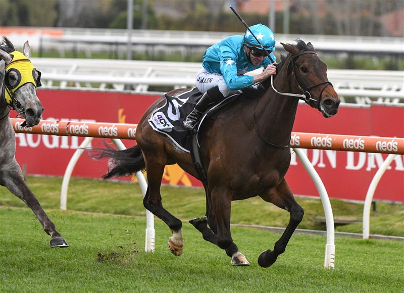 MELBOURNE, AUSTRALIA - SEPTEMBER 18: John Allen riding Annavisto winning race 6, the 4cyte For Living Legends Handicap, during Melbourne Racing at Caulfield Racecourse on September 18, 2021 in Melbourne, Australia. (Photo by Vince Caligiuri/Getty Images)