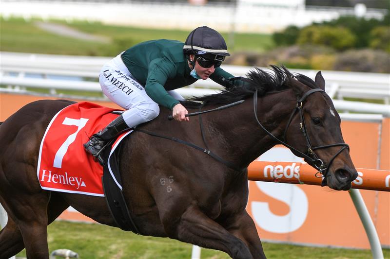 MELBOURNE, AUSTRALIA - SEPTEMBER 18: Linda Meech riding He's A Balter wins Race 2, the Henley Homes for RPC Hcp during Melbourne Racing at Caulfield Racecourse on September 18, 2021 in Melbourne, Australia. (Getty Images)