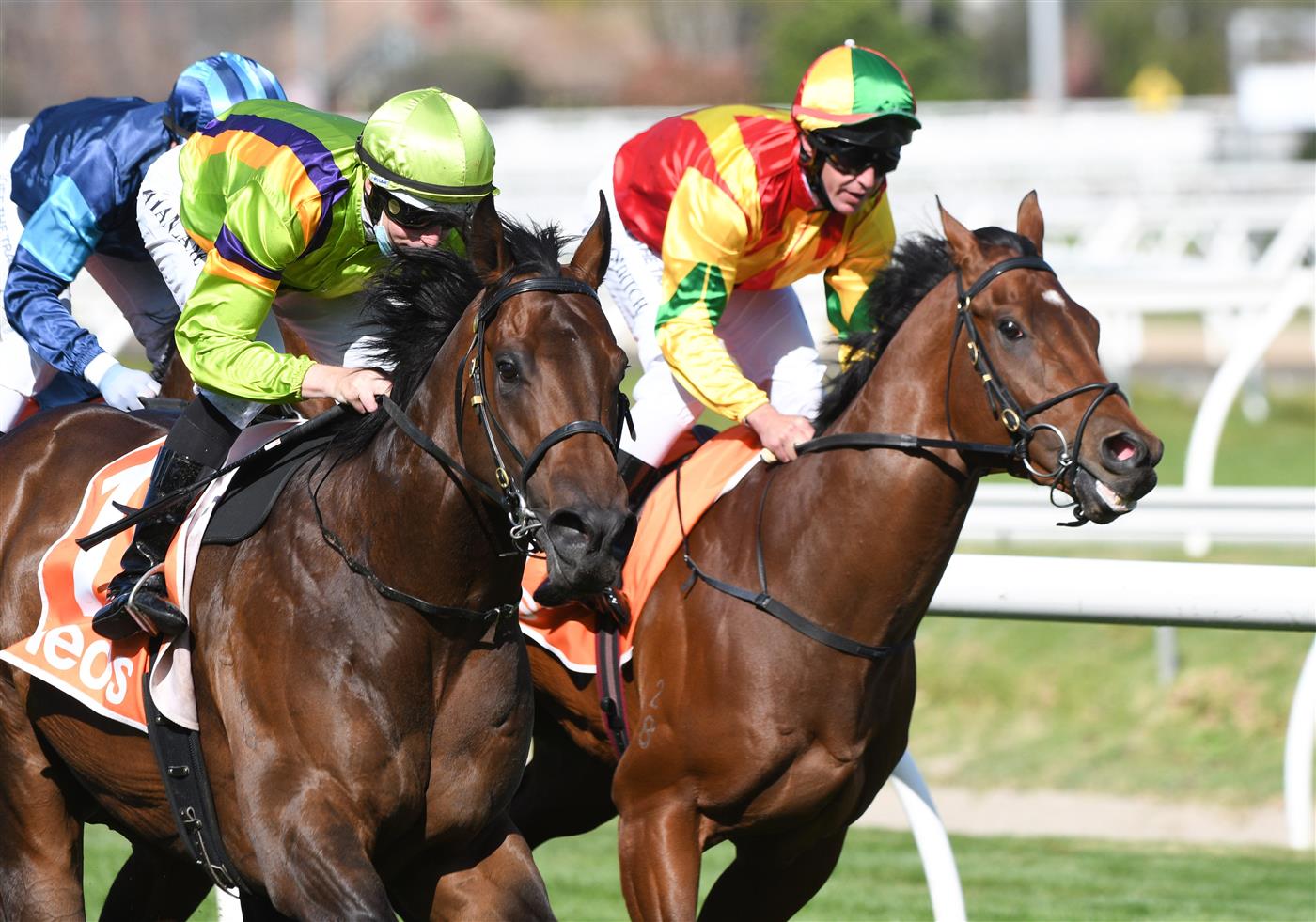 MELBOURNE, AUSTRALIA - SEPTEMBER 18: Damian Lane riding General Beau winning  race 5,  the Pinchapoo Plate, during Melbourne Racing at Caulfield Racecourse on September 18, 2021 in Melbourne, Australia. (Photo by Vince Caligiuri/Getty Images)