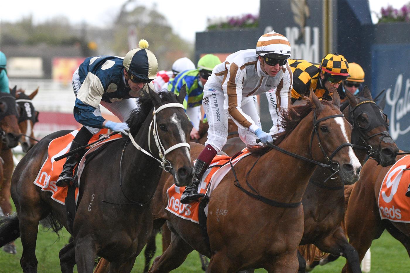 MELBOURNE, AUSTRALIA - SEPTEMBER 18: Daniel Moor riding Sierra Sue defeats Fred Kersley riding Dice Roll in Race 8, the Neds Sir Rupert Clarke Stakes, during Melbourne Racing at Caulfield Racecourse on September 18, 2021 in Melbourne, Australia. (Photo by Vince Caligiuri/Getty Images)