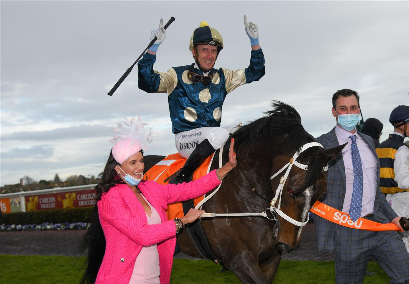 MELBOURNE, AUSTRALIA - SEPTEMBER 18: Daniel Moor riding Sierra Sue and trainer Natalie Young react after winning Race 8, the Neds Sir Rupert Clarke Stakes, during Melbourne Racing at Caulfield Racecourse on September 18, 2021 in Melbourne, Australia. (Photo by Vince Caligiuri/Getty Images)