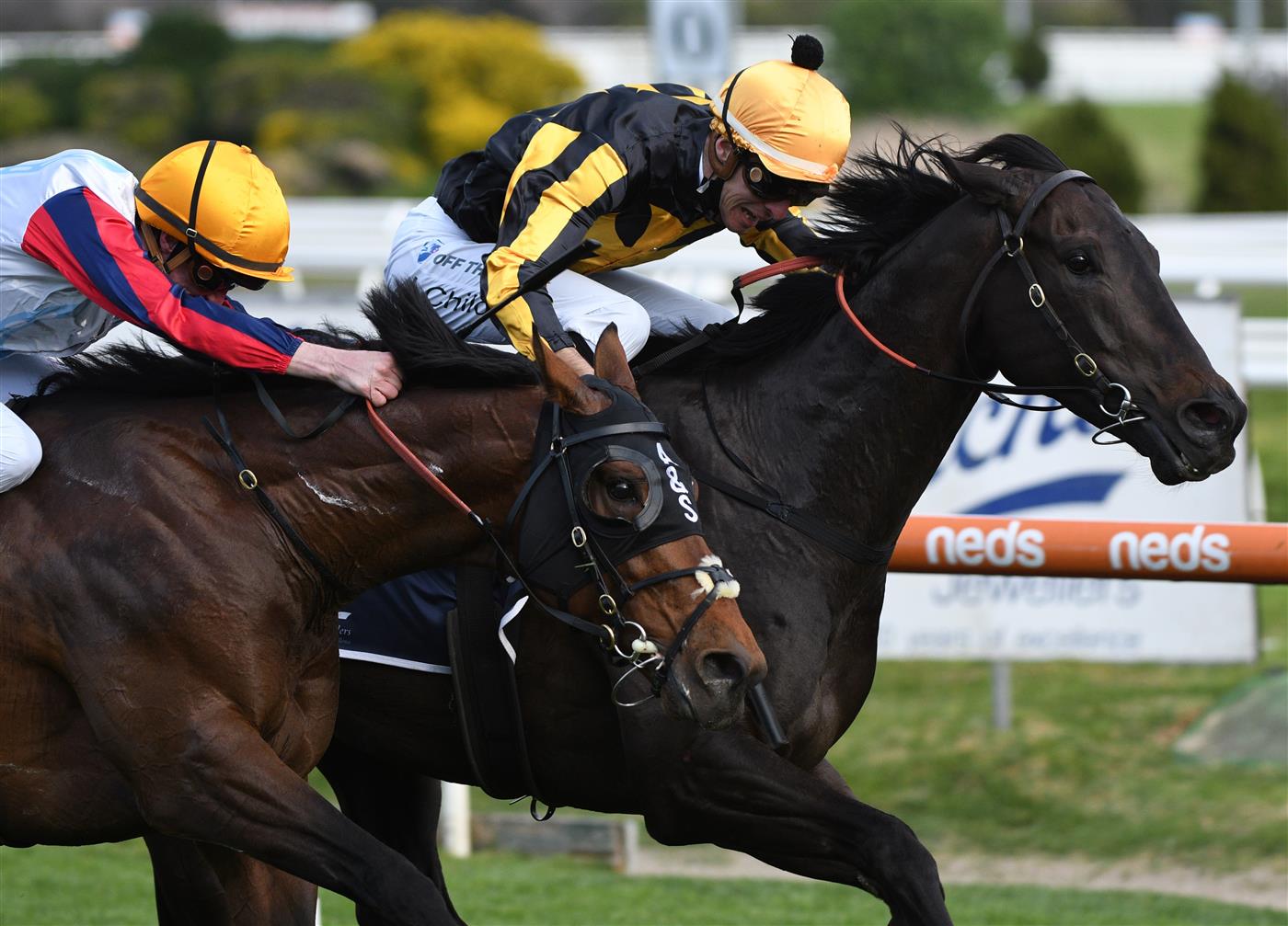 MELBOURNE, AUSTRALIA - SEPTEMBER 18: Jordan Childs riding Nonconformist defeats John Allen riding Delphi (L) in Race 7, the Catanach's Jewellers MRC Foundation Cup during Melbourne Racing at Caulfield Racecourse on September 18, 2021 in Melbourne, Australia. (Getty)
