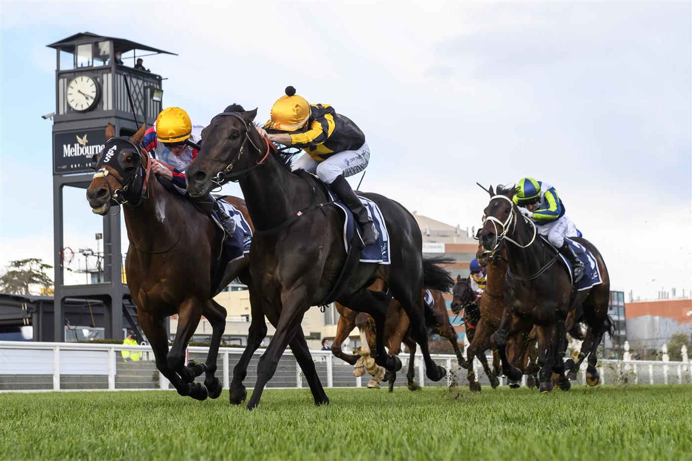 MELBOURNE, AUSTRALIA - SEPTEMBER 18: Jordan Childs riding Nonconformist defeats John Allen riding Delphi (L) in Race 7, the Catanach's Jewellers MRC Foundation Cup during Melbourne Racing at Caulfield Racecourse on September 18, 2021 in Melbourne, Australia. (Getty)