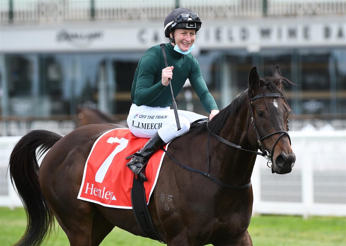 MELBOURNE, AUSTRALIA - SEPTEMBER 18: Linda Meech riding He's A Balter wins Race 2, the Henley Homes for RPC Hcp during Melbourne Racing at Caulfield Racecourse on September 18, 2021 in Melbourne, Australia. (Getty Images)