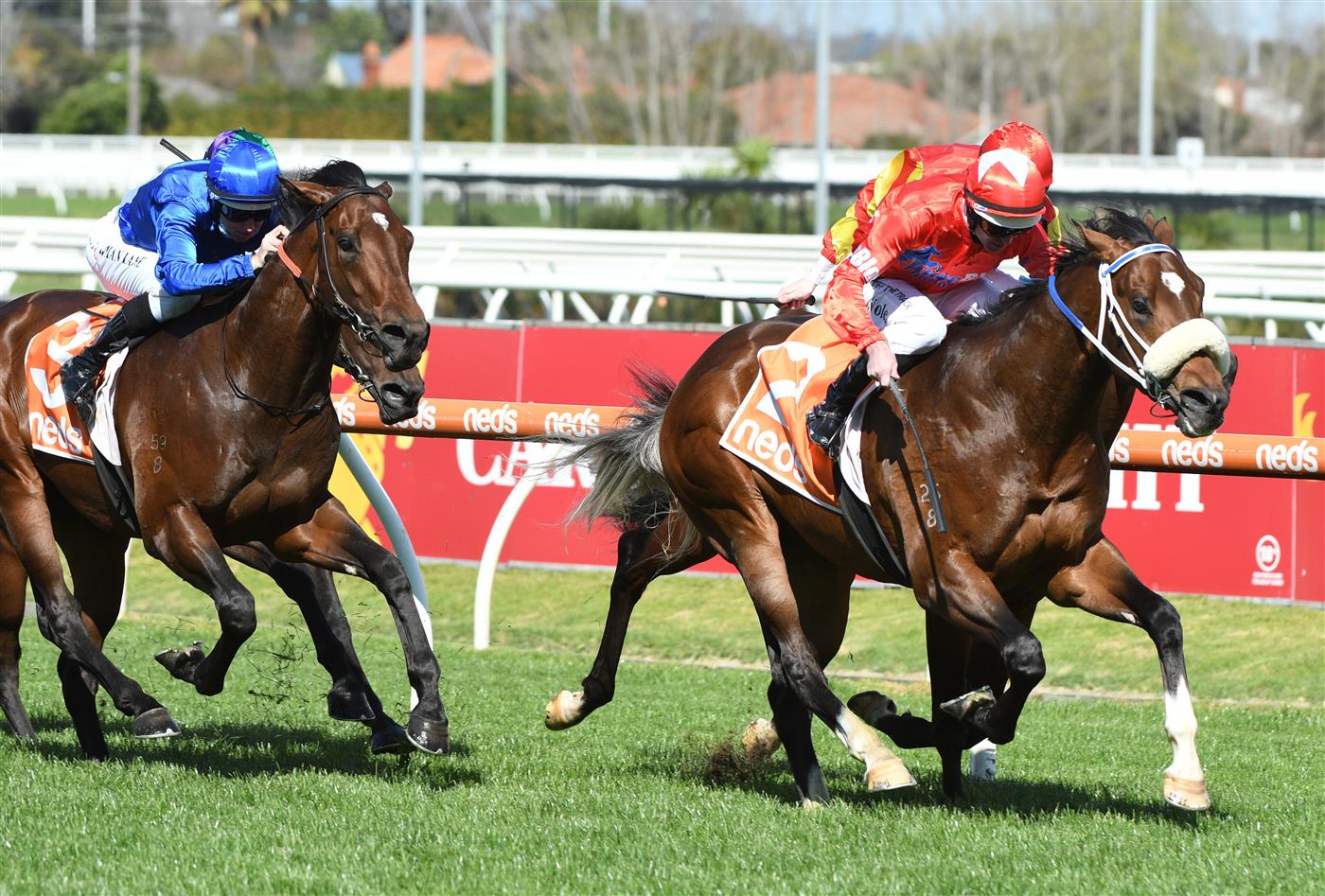 MELBOURNE, AUSTRALIA - SEPTEMBER 18: Luke Nolen riding Lightsaber winning Race 4, the Neds Caulfield Guineas Prelude, during Melbourne Racing at Caulfield Racecourse on September 18, 2021 in Melbourne, Australia. (Photo by Vince Caligiuri/Getty Images)