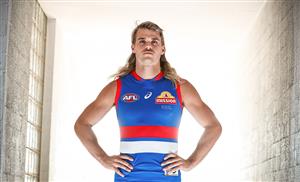 PERTH, AUSTRALIA - SEPTEMBER 20: Bailey Smith of the Bulldogs poses for a photograph during the Western Bulldogs photo opportunity on September 20, 2021 in Perth, Australia. (Photo by Michael Willson/AFL Photos via Getty Images)
