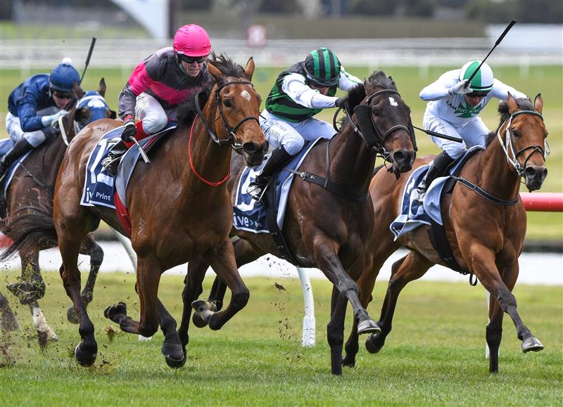 MELBOURNE, AUSTRALIA - SEPTEMBER 25: Craig Williams riding Sirileo Miss winning Race 2, the Ive Print Handicap,  during Melbourne Racing at Sandown Racecourse on September 25, 2021 in Melbourne, Australia. (Photo by Vince Caligiuri/Getty Images)