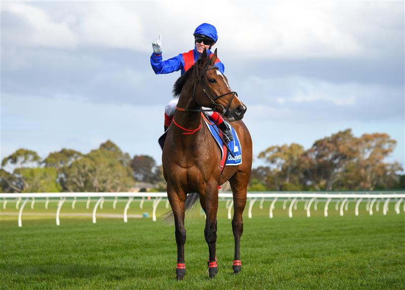 MELBOURNE, AUSTRALIA - SEPTEMBER 25: Craig Williams riding Zaaki after winning Race 7, the Quayclean Underwood Stakes,  during Melbourne Racing at Sandown Racecourse on September 25, 2021 in Melbourne, Australia. (Photo by Vince Caligiuri/Getty Images)